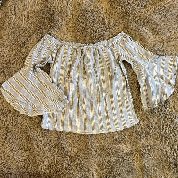 Lucky Brand Bell Sleeve Off the Shoulder Blue Stripe Top Small - Picture 2 of 6